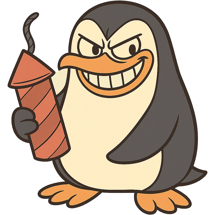 penguin holding a firework, grinning menacingly emoji