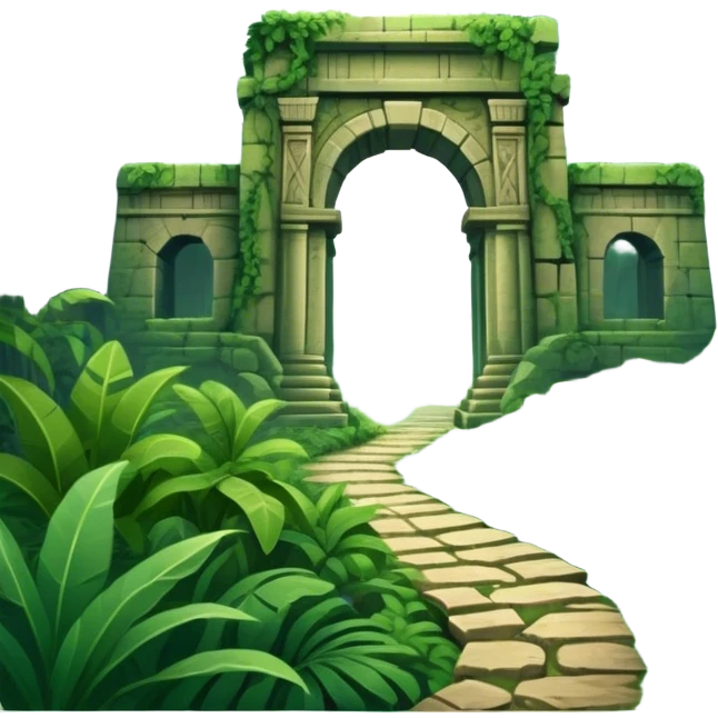 Icon for Adventure Movie: A vintage movie poster-style design with a jungle clearing path, dense foliage surrounding it. In the distance, ancient ruins peek through the trees. The atmosphere is mysterious and adventurous, with soft light cutting through the trees. Transparent background. emoji
