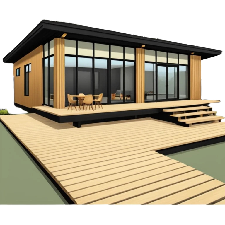 midcentury modern house with 1000 sqft and all windows and a sliding windows on corner. Single story. High ceilings, black and vertical wood slats for outside walls of home. Wood deck with complementary but different wood and shade from larger wood slats. With overhanging shade and slats. emoji