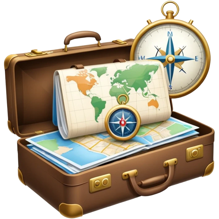An icon featuring a suitcase, hotel building, symbolizing the scientific study of tourism and hospitality. The design includes a map, a compass, and a checklist, representing travel planning and service management. Transparent background highlights the academic exploration of the tourism industry. emoji