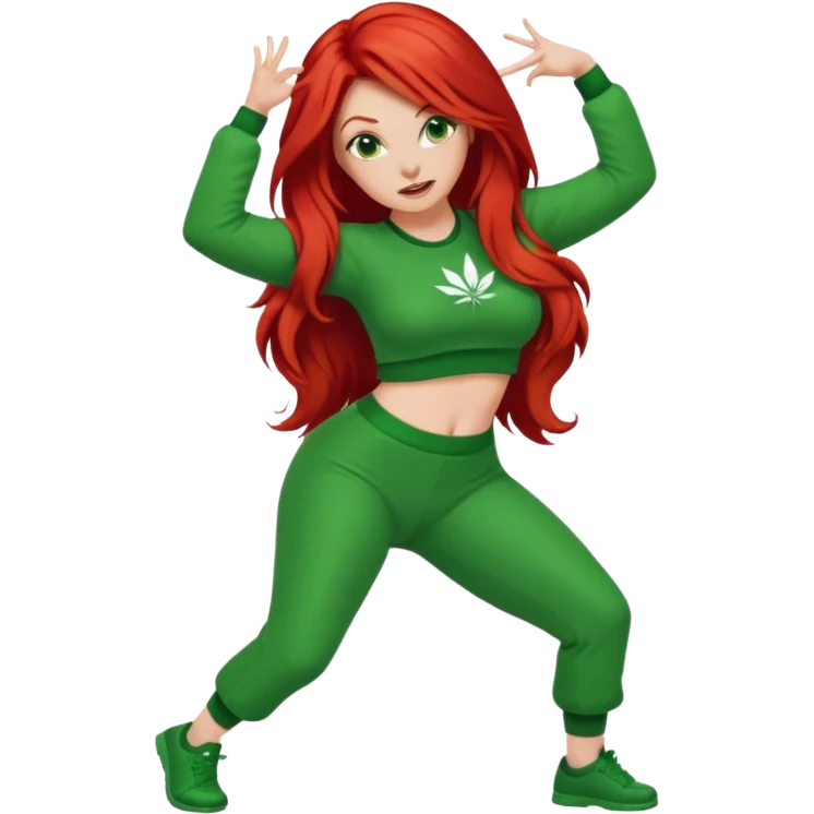 Thick white woman twerking with long red hair and green 420 outfit emoji