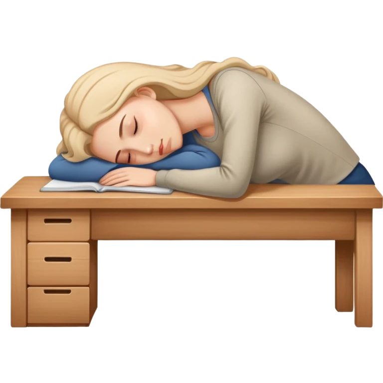 Tired woman sleeping with head down on empty desk emoji