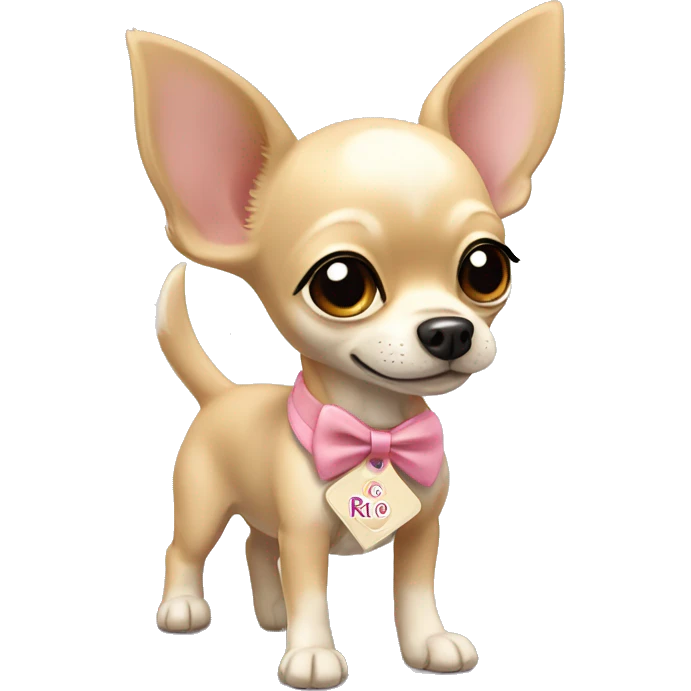 Dog beige chihuahua with bow and name tag rio emoji