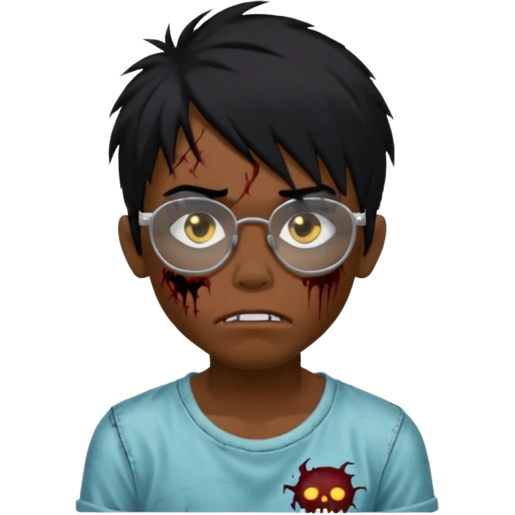 Boy, zombie, black hair, medium long, emo, shaggy, dark, spooky, creepy expression emoji, add transparent glasses, a risk on the eyebrow, some tattos emoji