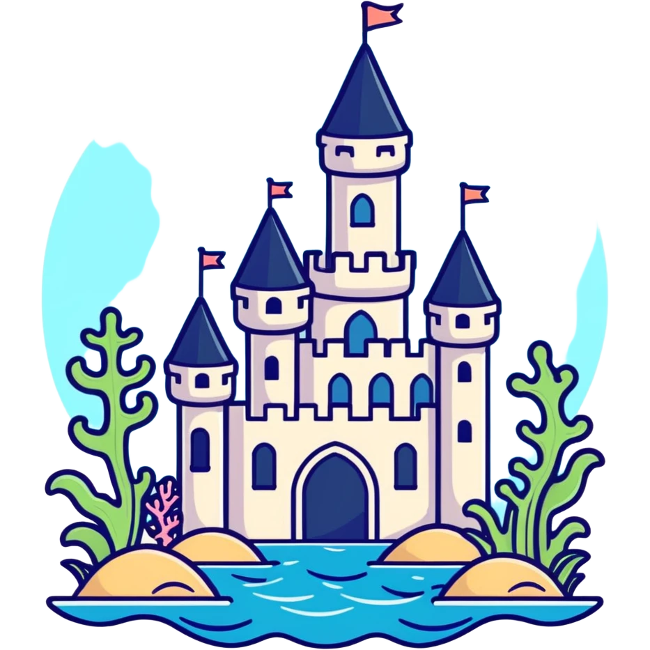 underwater sea castle, cartoonish sticker style emoji