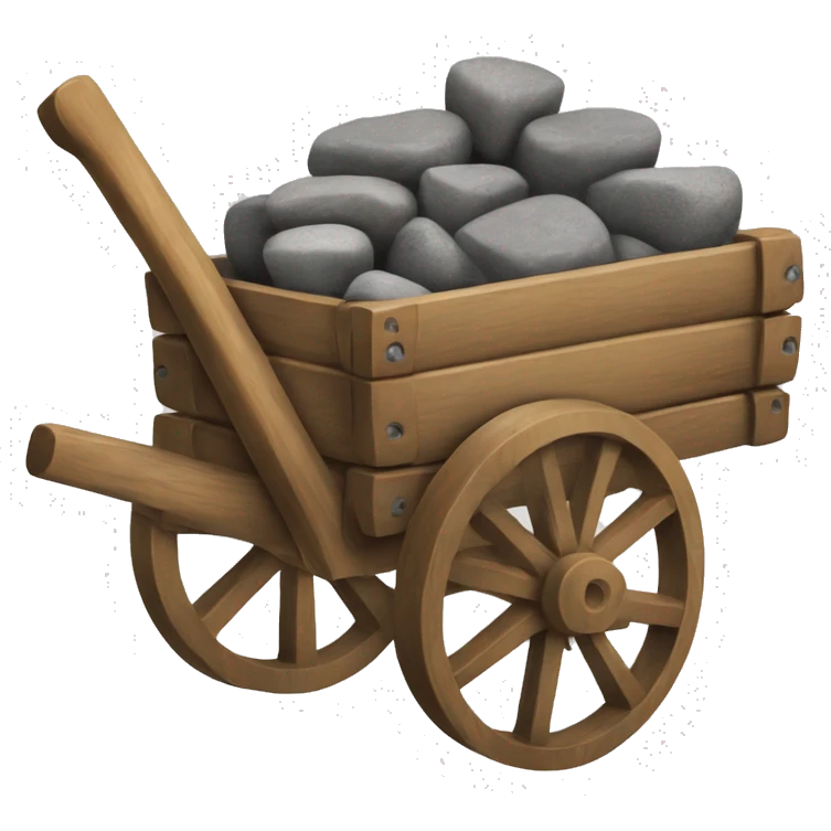 a cart with wooden square wheels with stones inside emoji