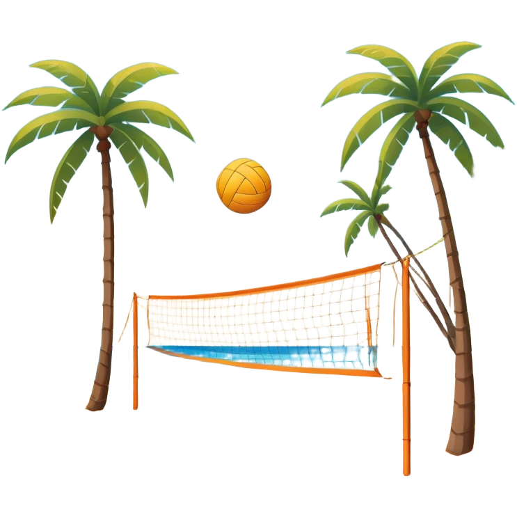 A volleyball resting on the orange sand ground of a beach, with a volleyball net in the background. The scene captures a sunny beach atmosphere with clear blue sea and sky, palm trees swaying, and people in swimsuits enjoying the vibrant surroundings emoji
