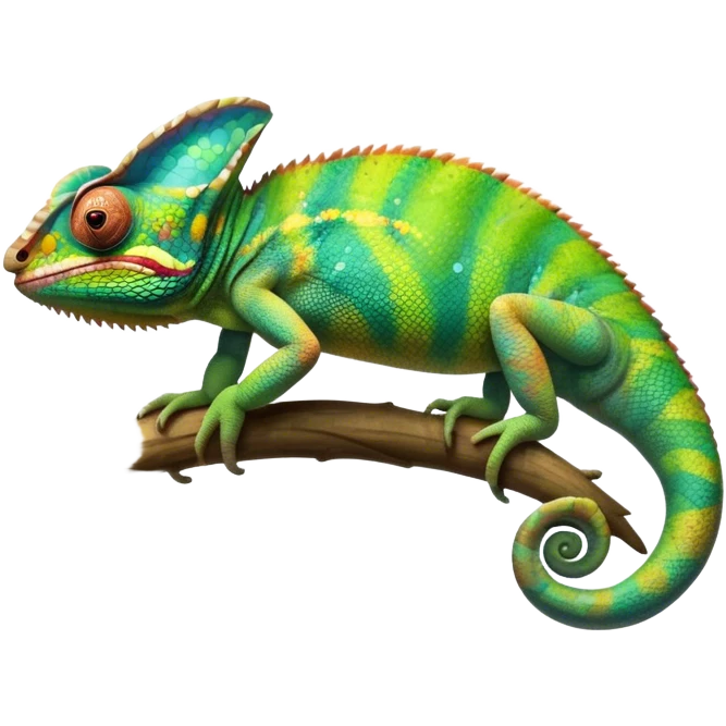 Giant Chameleon blending into natural surroundings, perched on a branch. Its vibrant colors shift with the environment. Lush greenery, branches, and soft sunlight create a peaceful, nature-filled background. Transparent background, showcasing the chameleon's colorful, textured skin. emoji