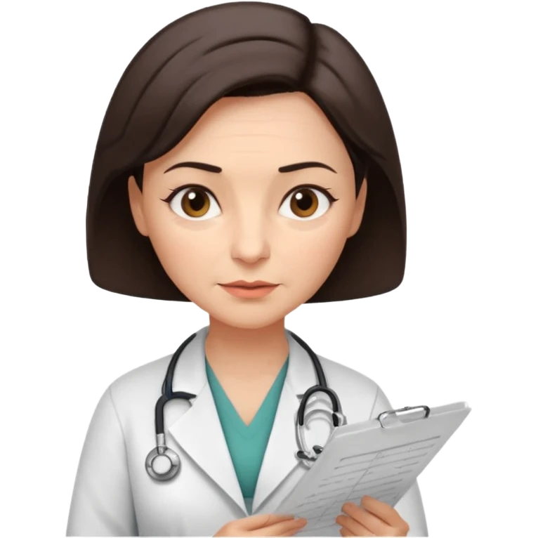 A female doctor in her 50s with visible facial wrinkles, dark brown short bob hair, her body turned slightly at an angle, with her gaze clearly directed downward and fixed on the medical chart she is reviewing. emoji
