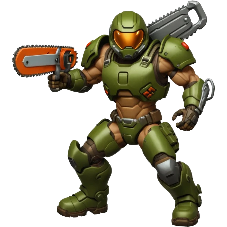 Doom Slayer jumping with a chainsaw, dynamic pose, intense eyes emoji