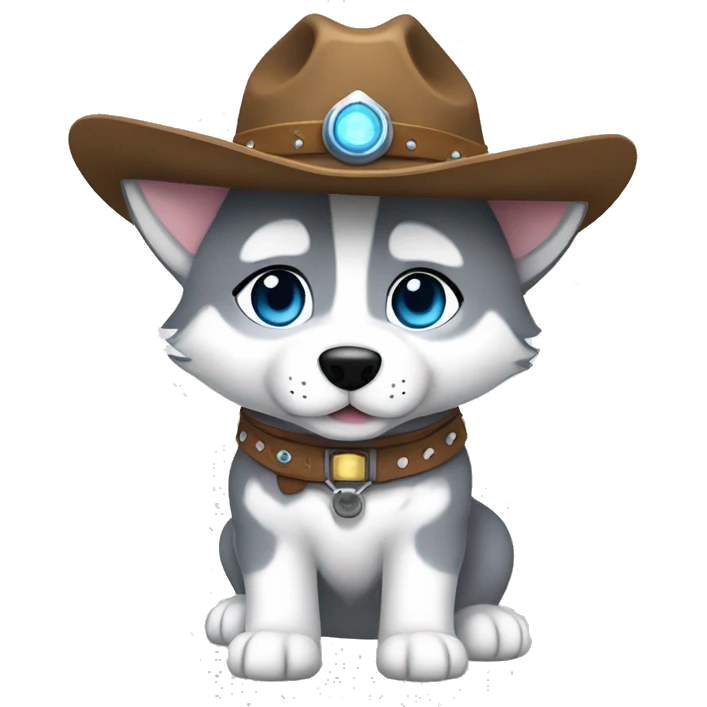 Gray Siberian Husky with blue eyes puppy wearing a cowboy hat dressed in Jedi clothing Holding a Lightsaber On leash  emoji