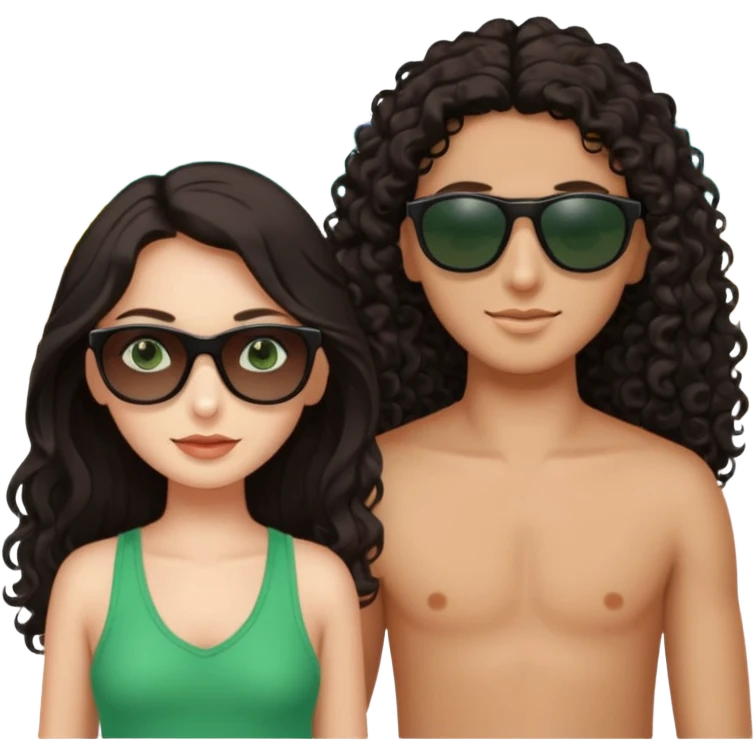 Two besties on the beach, black sunglasses, 1: long ironed straight darkbrown hair, green eyes, 2: long curly darkbrown hair, brown eyes  emoji