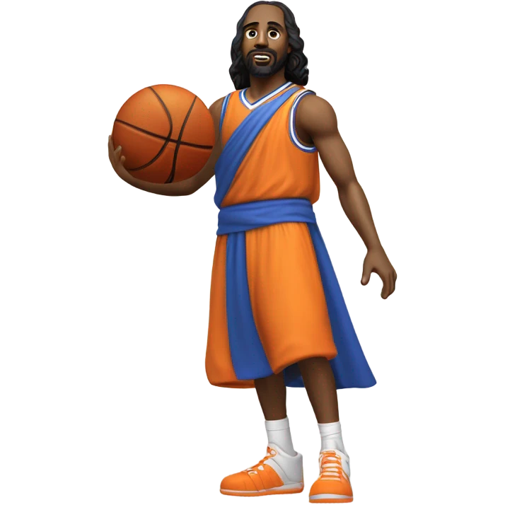 The black Jesus in Knicks uniform with a bald head, beard, and goatee, a white and orange cape…spinning a basketball on its head. emoji