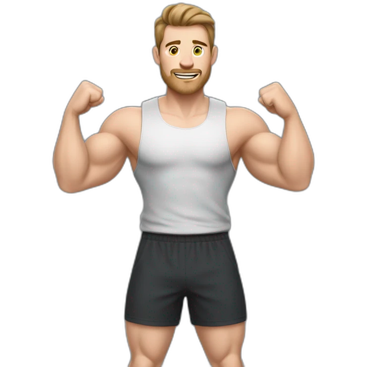 Close up Actively gesturing  with hands Pale skinned Fit Man With the biceps and brown hair in dark gray Sleeveless Mike, black oversize sports shorts, watch and white Sneakers emoji