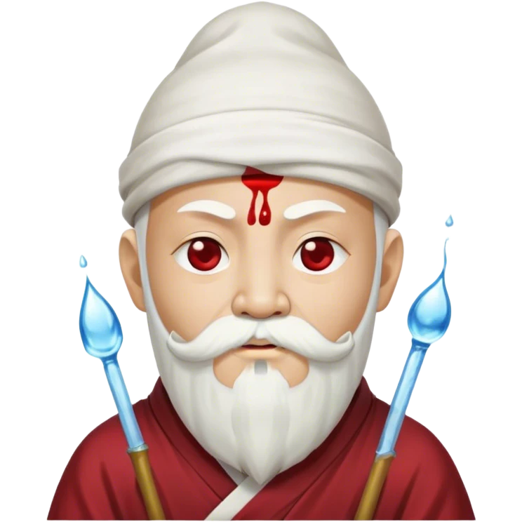 water monk gyatso avatar with white beard and moustache with Nepolion white hat with blood spritzing from one eyte emoji