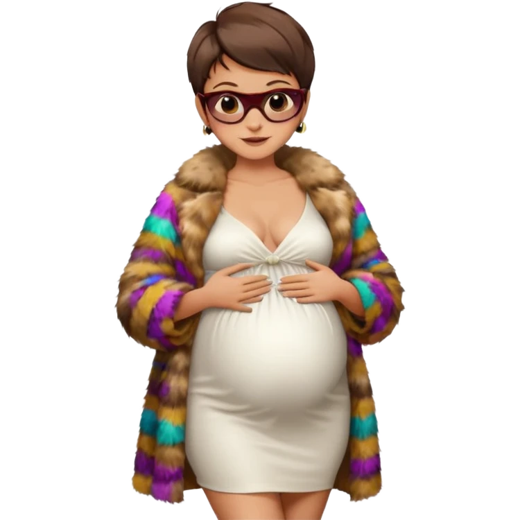 pregnant stylish woman with short pixie brunette hair happily touching her big belly while wearing white dress and fancy brown fur coat and colorful shades emoji