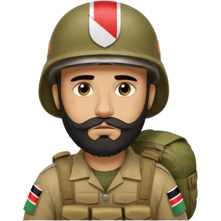 A very tired and sad, swarthy Iraqi soldier with a beard, an Iraqi flag on his helmet, a sad expression and bags under his eyes emoji