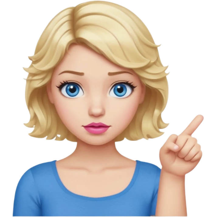 Girl Blonde short wavy hair,  blue eyes, cute blue top, long lashes, pink lips, thumbs down  emoji