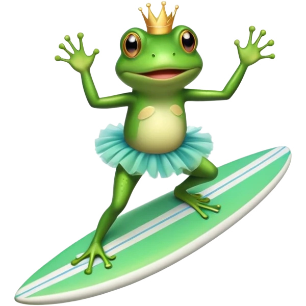 a frog wearing a tutu on a surf biard emoji