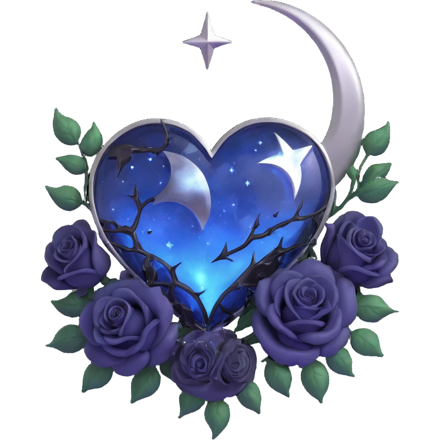 gothic heart, midnight blue glass, silver crescent moon, black roses, stardust, lightning, rain, cracked glass, romantic gothic style emoji