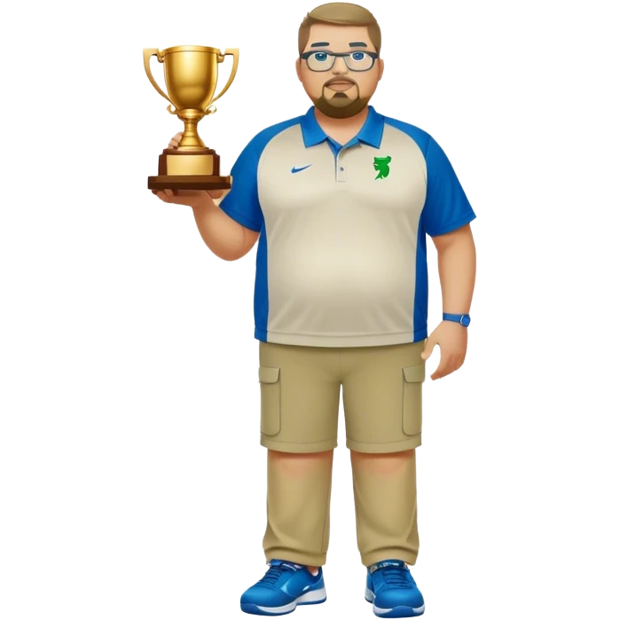  full body white obese male basketball coach with trophy. Goatee , Wearing glasses and blue and green nike polo shirt and khaki pants emoji