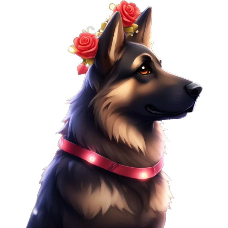 Bokeh Midnight constellation night stars Brindled striped brindle black German shepherd fox carrying glowing red lantern, fairy lights, rose flower crown, bokeh lights, out of focus blur emoji
