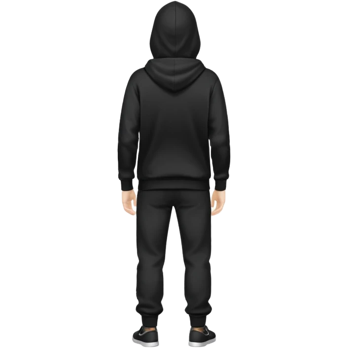 fullbody Mysterious shy caucasian man in black hoodie on head, hands in pockets and black pants rear backview emoji