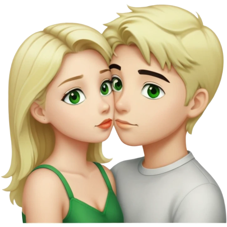 A blonde girl with green eyes kisses a boy with fair skin and black hair with a hairstyle that stands up and green eyes emoji