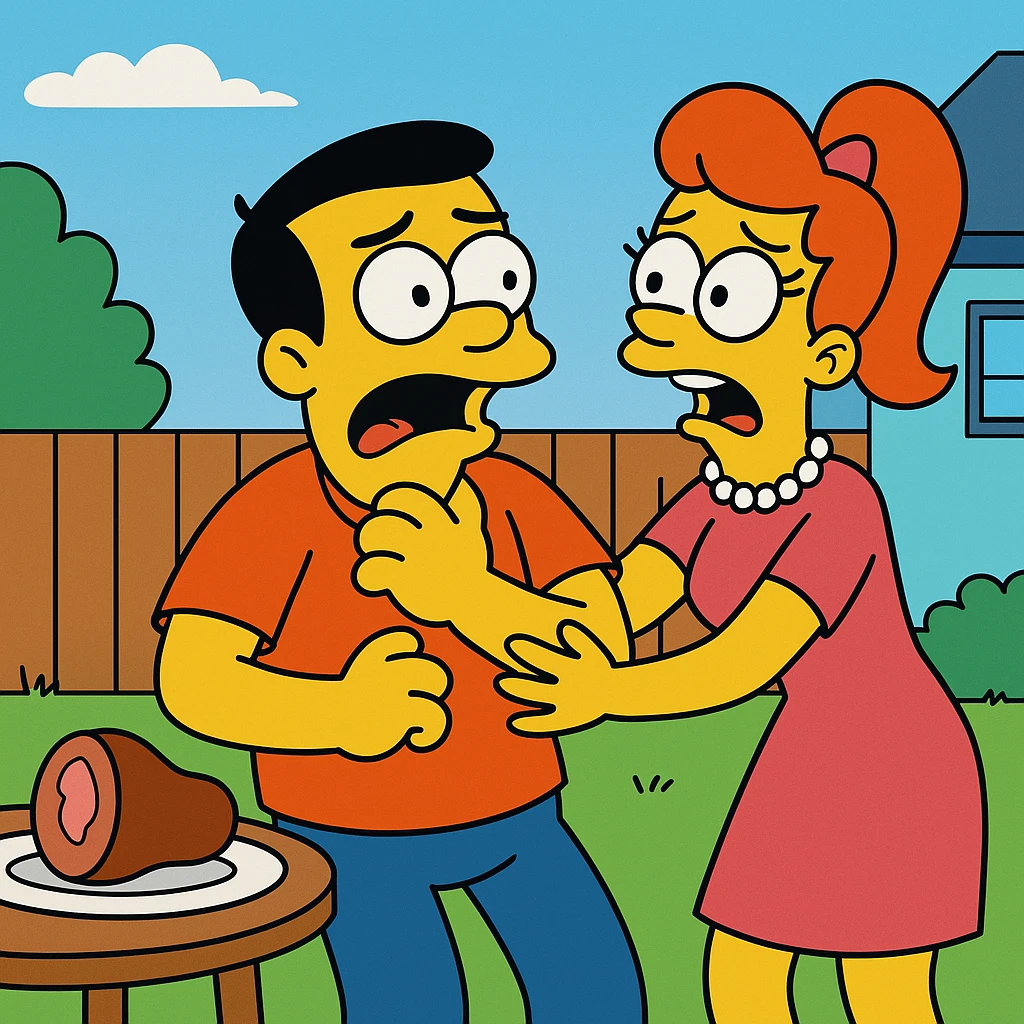 Choke on – to have something stuck in your throat.
He choked on a piece of meat and had to be helped.
 emoji