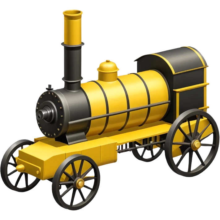 isometric Stephenson's Rocket vintage steam engine, yellow body, black wheels, simplified emoji