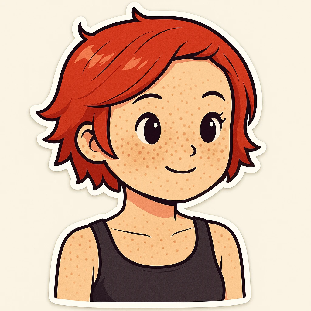 Add freckles to the girl's face, keep short red hair and flat chest, in a sticker style illustration. Use a general style editor as sticker style does not support editing. emoji