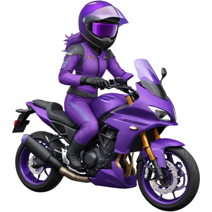 Créer un emoji avec une moto mt07 sport noir mate / violet iridescent très foncé. Avec une pilote dessus visière violet sombre faceless, bulle de la moto violet. Avec fond arrière violet, tenue complète casque inclus violet  emoji