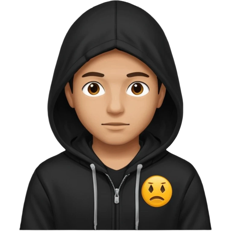 young man in a hood, black hoodie, on it is a logo of two WW emoji
