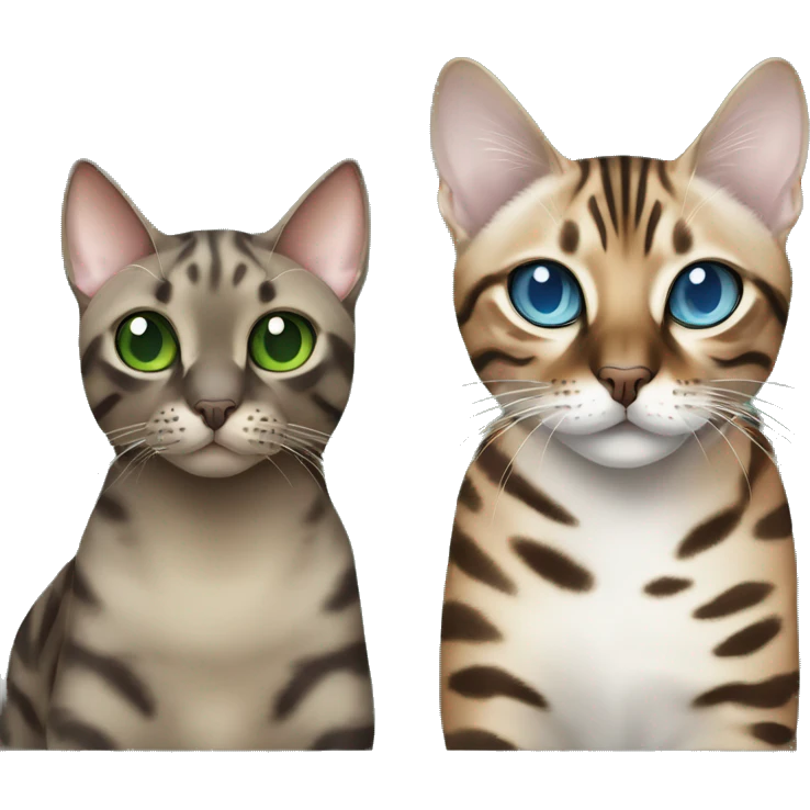 Seal Bengal cat with Blue eyes + charcoal Sepia bengal cat with Green eyes sit Next to each other  emoji