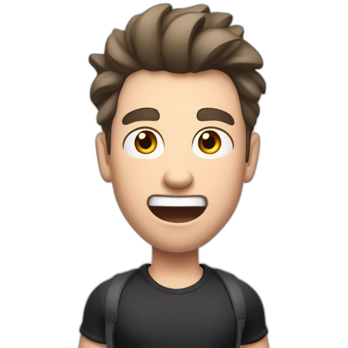 amazed Open with surprise mouth Pale skinned Fit Man With the biceps and dark brown hair in black shirt, gray sports shorts and white Sneakers emoji