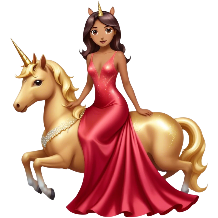 "woman, in long slim pastel red formal party satin dress with gradient shiny sparkling dark red", rides "unicorn gold and white" emoji