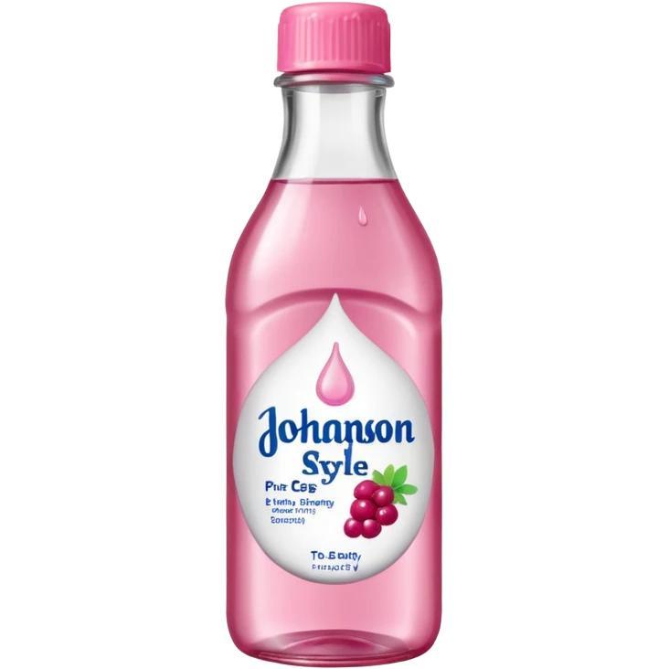 realistic Johnson and Johnson style bottle pink cap pink label clear bottle with berry party written on the logo with diddy logo bottle leaking oil from the top emoji