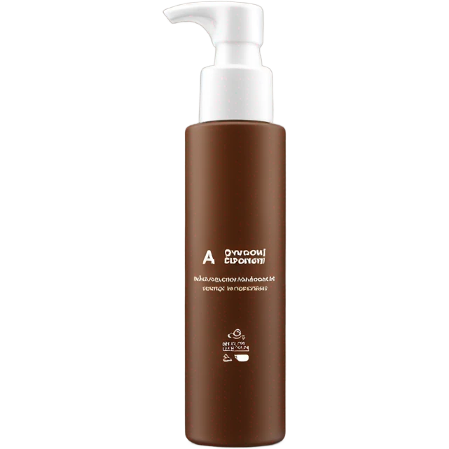 slim and tall brown oil cleanser bottle with white label and white pump emoji