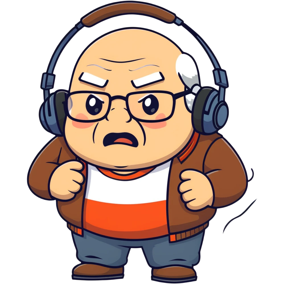 Very chubby brown old man with medium white hair, wearing glasses and headphones, looking surprised and angry, no facial hair, round full cheeks, double chin, looking to the upper left corner emoji
