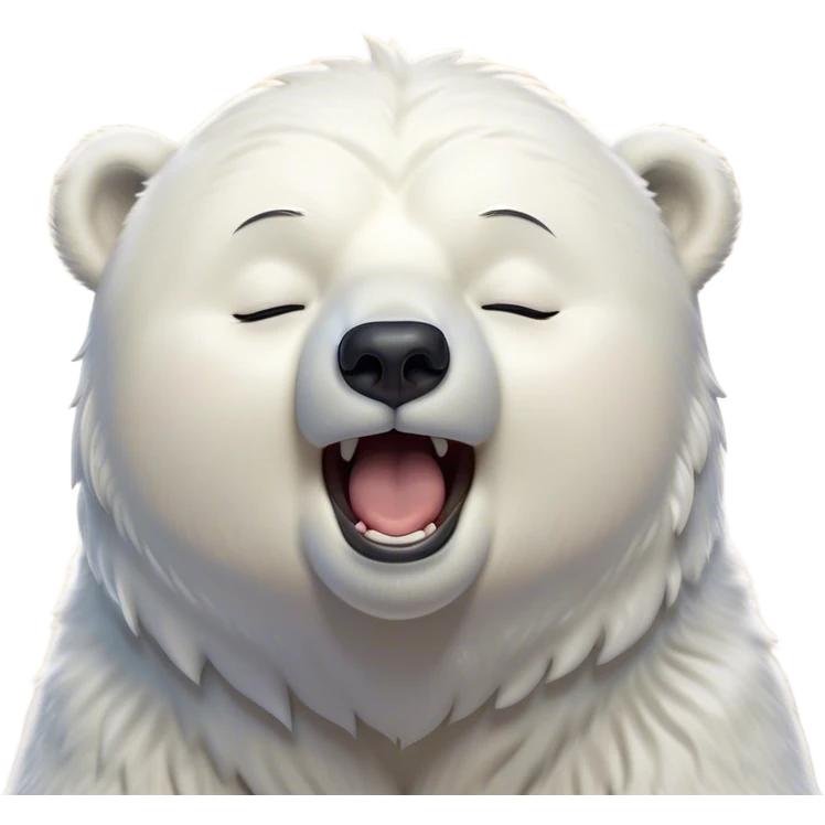 Cinematic Cute Yawning Polar Bear Portrait Emoji, Head tilted slightly with a dramatic, wide-open yawn, showcasing luxuriously thick fur and sleepy, half-closed eyes radiating drowsy contentment, Simplified yet irresistibly adorable features, highly detailed, glowing with a soft, cozy polar light, high shine, relaxed yet expressive, stylized with a dash of whimsical arctic charm, soft glowing outline, capturing the essence of a drowsy yet affectionate guardian that seems ready to stretch out for a nap! emoji
