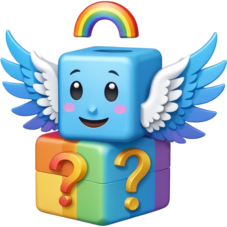  mainly blue and rainbow, the blue being the block itself. The rainbow parts are question marks, corner and smile. It has 2 white wings on each side like the other Lucky Blocks. emoji