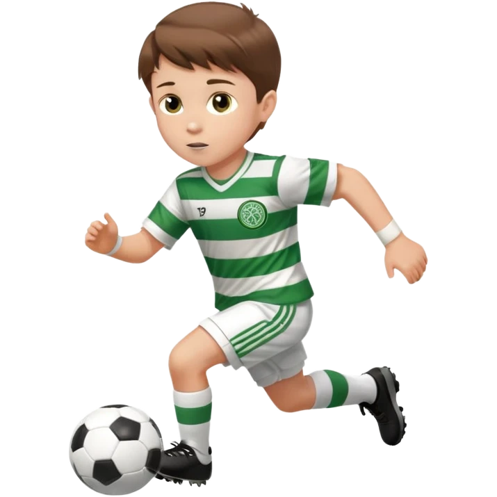 Celtic footballer jersey logo  6 years old brown hair white boy , brown eyes , stripes uniform , RUNNING  with soccer ball is number  17 celtic football logo  ONE CELTIC LOGO ONLY white shorts emoji