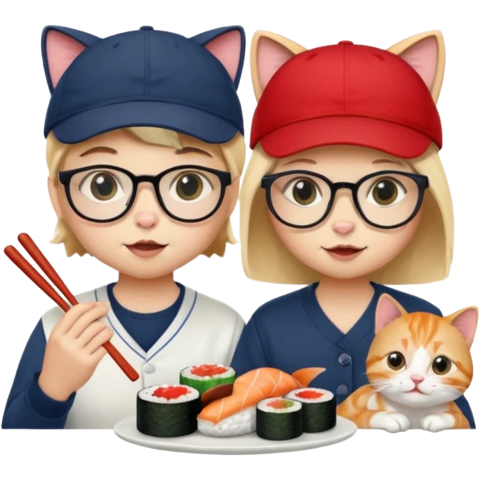 cute girl cat with glasses and a cute boy cat with a baseball cap eating sushi together emoji