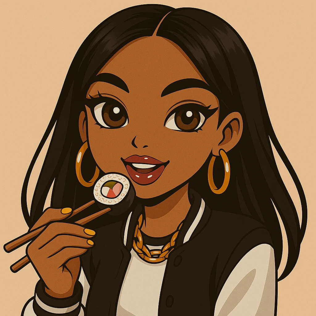 Change the pose to a 20-year-old anime Bratz style woman with dark skin, straight hair, trendy outfit, big expressive eyes, glossy lips, no hat, no tears, happy expression, both eyes open, looking straight ahead, eating a California roll with chopsticks, headshot only. emoji