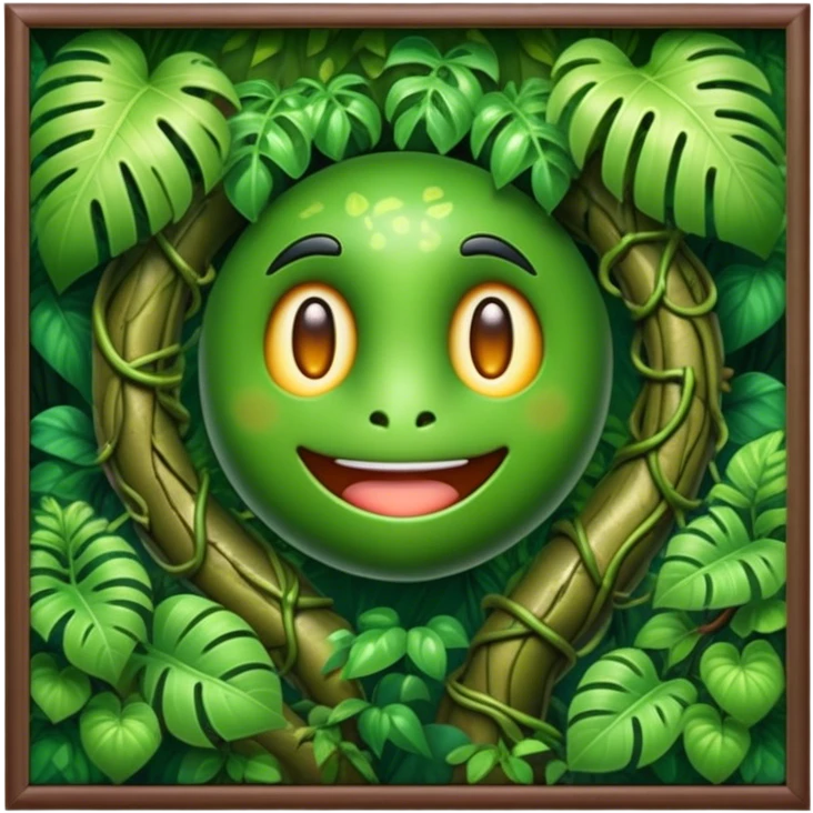 Cinematic Realistic Rainforest Emoji in a wooden frame, Lush and vibrant, filled with towering trees, thick vines, and dense green foliage, sunlight filtering through the canopy above, creating dappled patches of light on the rich, diverse undergrowth. The air is heavy with moisture, with mist rising from the forest floor and distant calls of exotic birds and animals echoing through the trees. Soft glowing outline, capturing the essence of a thriving, untamed tropical paradise filled with life! emoji