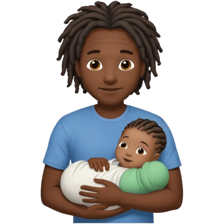 Happy African very dark black skinDad with short dread locs, with his faceless newborn in arm,faceless brown skin newborn baby in arm. emoji