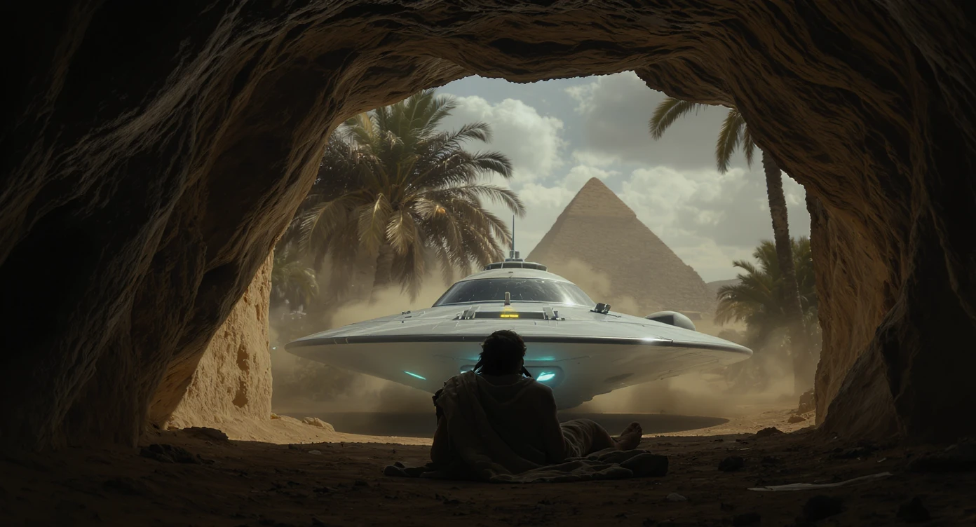 cinematic still, documentary photography, acient egypt, back shot of a man dress in ancient clothes in cave (frame in frame effect) on ground laying front of small ufo starship, palms, dynamic scane, leading lines, captured by arri alexa, depth layers, piramids in babckground emoji