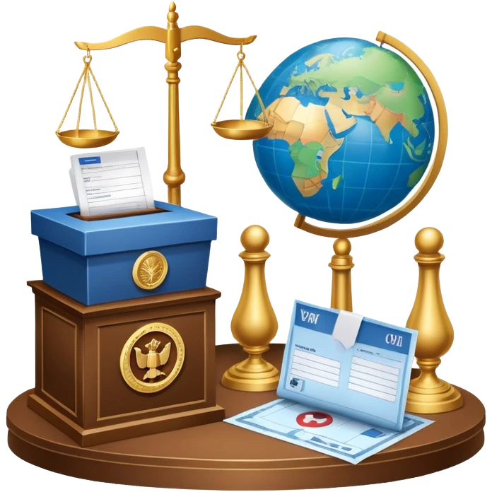 An icon featuring a podium with a speaker, a ballot box with a voting slip, and a globe, symbolizing political science. The design includes scales of justice and a world map in the background, representing governance and global politics. Transparent background highlights political analysis. emoji