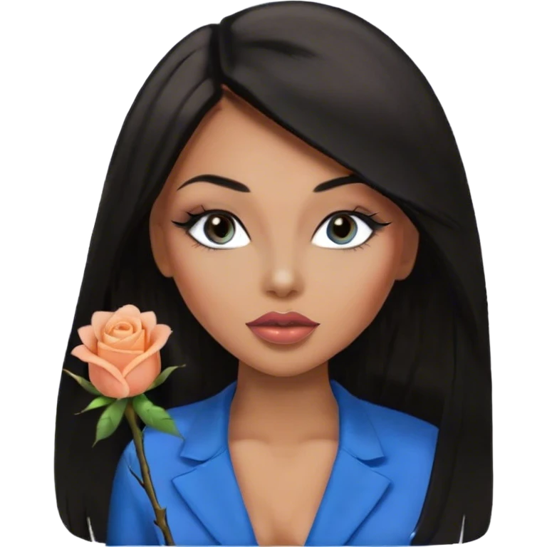 Glamours, tanned, very beautiful girl, with big pump peach-beige-rose lips, eyeliner, long lashes, black straight smooth silky long hair, straight parting hair, blue-grey eyes in black clothes for working profile emoji