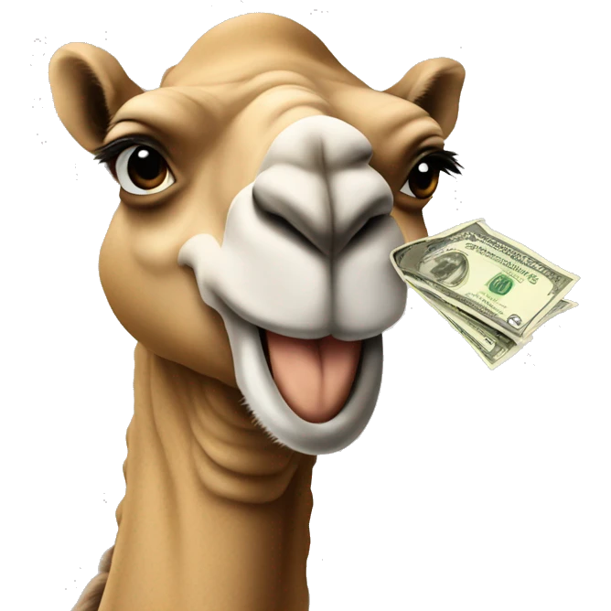 Cartoon Camel holding a money bag in the mouth, picture from front emoji